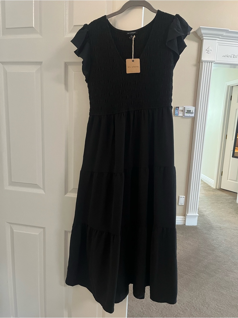 Blu Pepper Black V Neck Bodice Tiered Dress with Ruffle Sleeves and lining